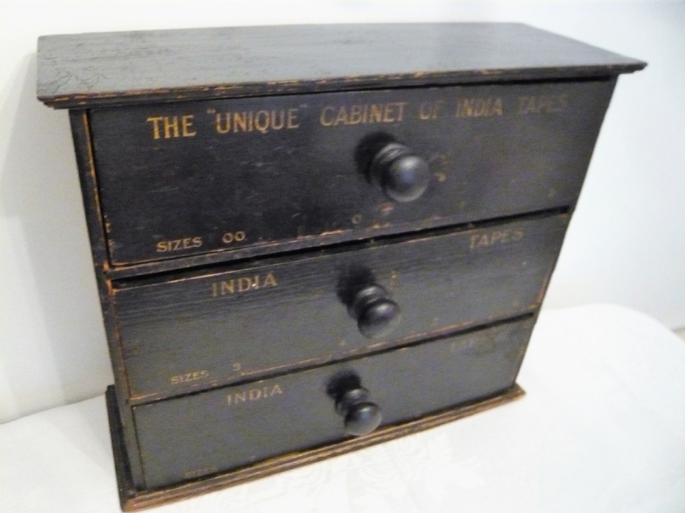 c1920 INDIA TAPE 3 DRAWER CABINET RETAIL SHOP CABINET RARE MINIATURE DRAWERS View II