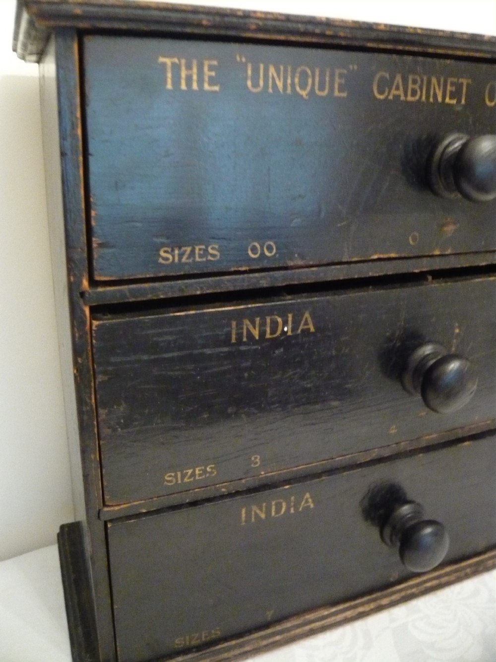 c1920 INDIA TAPE 3 DRAWER CABINET RETAIL SHOP CABINET RARE MINIATURE DRAWERS View IV