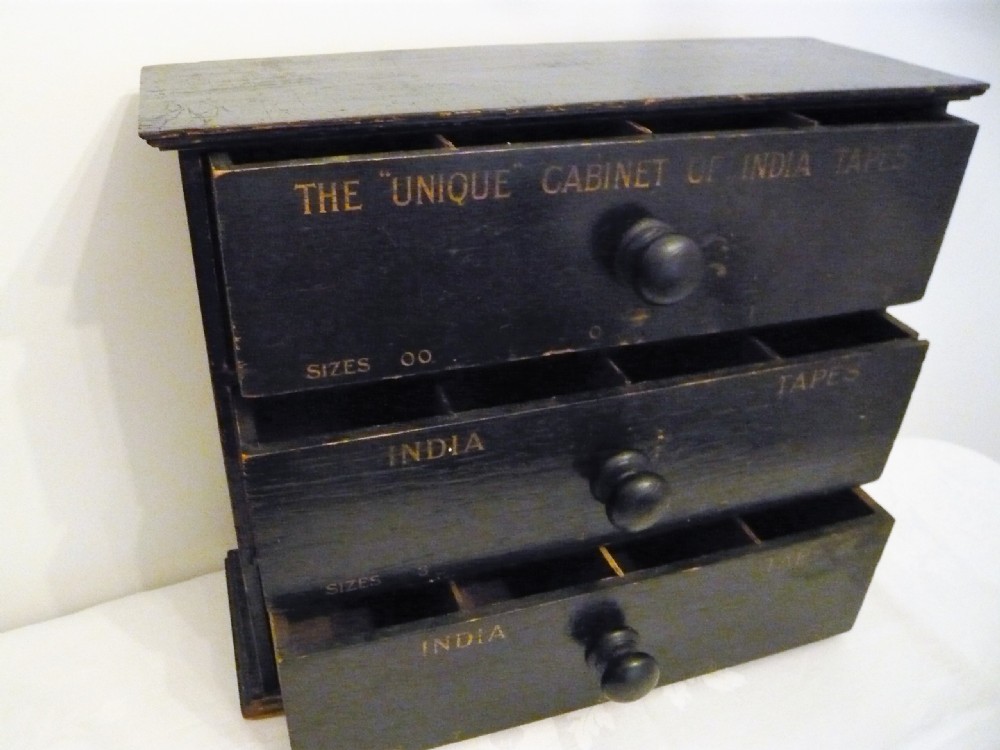c1920 INDIA TAPE 3 DRAWER CABINET RETAIL SHOP CABINET RARE MINIATURE DRAWERS View VI