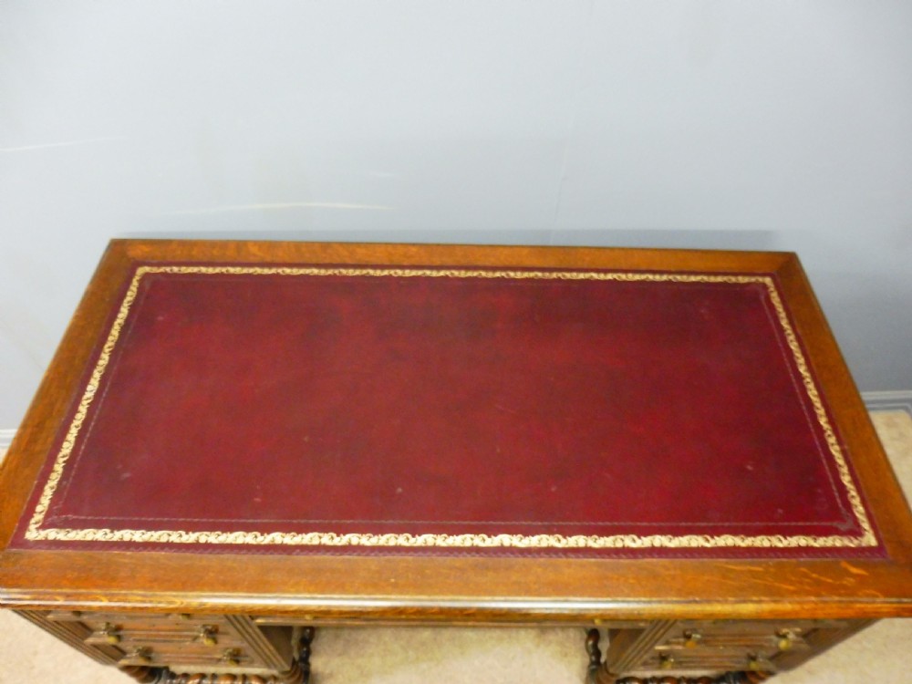 EDWARDIAN OAK PEDESTAL DESK WITH INSET TOOLED LEATHER View III
