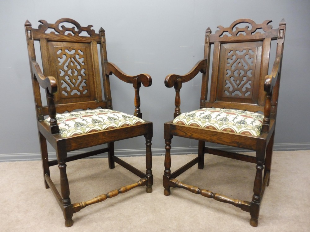 SUPERB PAIR OF OAK 19TH CENTURY GOTHIC INSPIRED ARTS AND CRAFTS ARMCHAIRS
