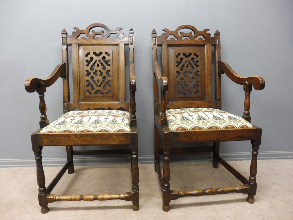SUPERB PAIR OF OAK 19TH CENTURY GOTHIC INSPIRED ARTS AND CRAFTS ARMCHAIRS View II
