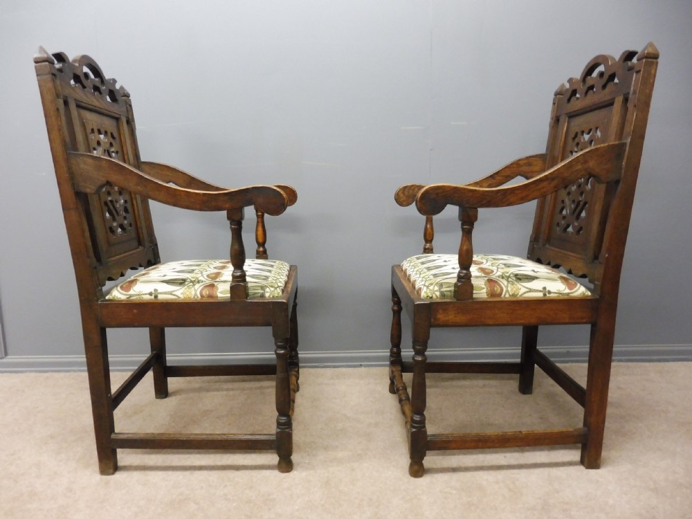 SUPERB PAIR OF OAK 19TH CENTURY GOTHIC INSPIRED ARTS AND CRAFTS ARMCHAIRS View III