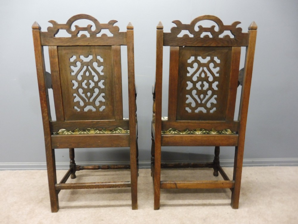 SUPERB PAIR OF OAK 19TH CENTURY GOTHIC INSPIRED ARTS AND CRAFTS ARMCHAIRS View IV