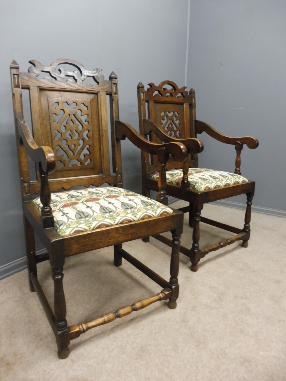 SUPERB PAIR OF OAK 19TH CENTURY GOTHIC INSPIRED ARTS AND CRAFTS ARMCHAIRS View VI