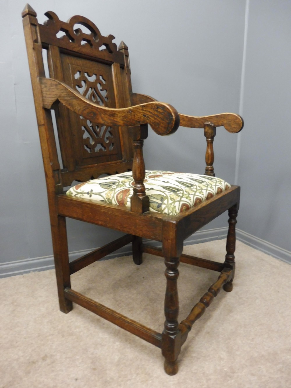 SUPERB PAIR OF OAK 19TH CENTURY GOTHIC INSPIRED ARTS AND CRAFTS ARMCHAIRS View IX