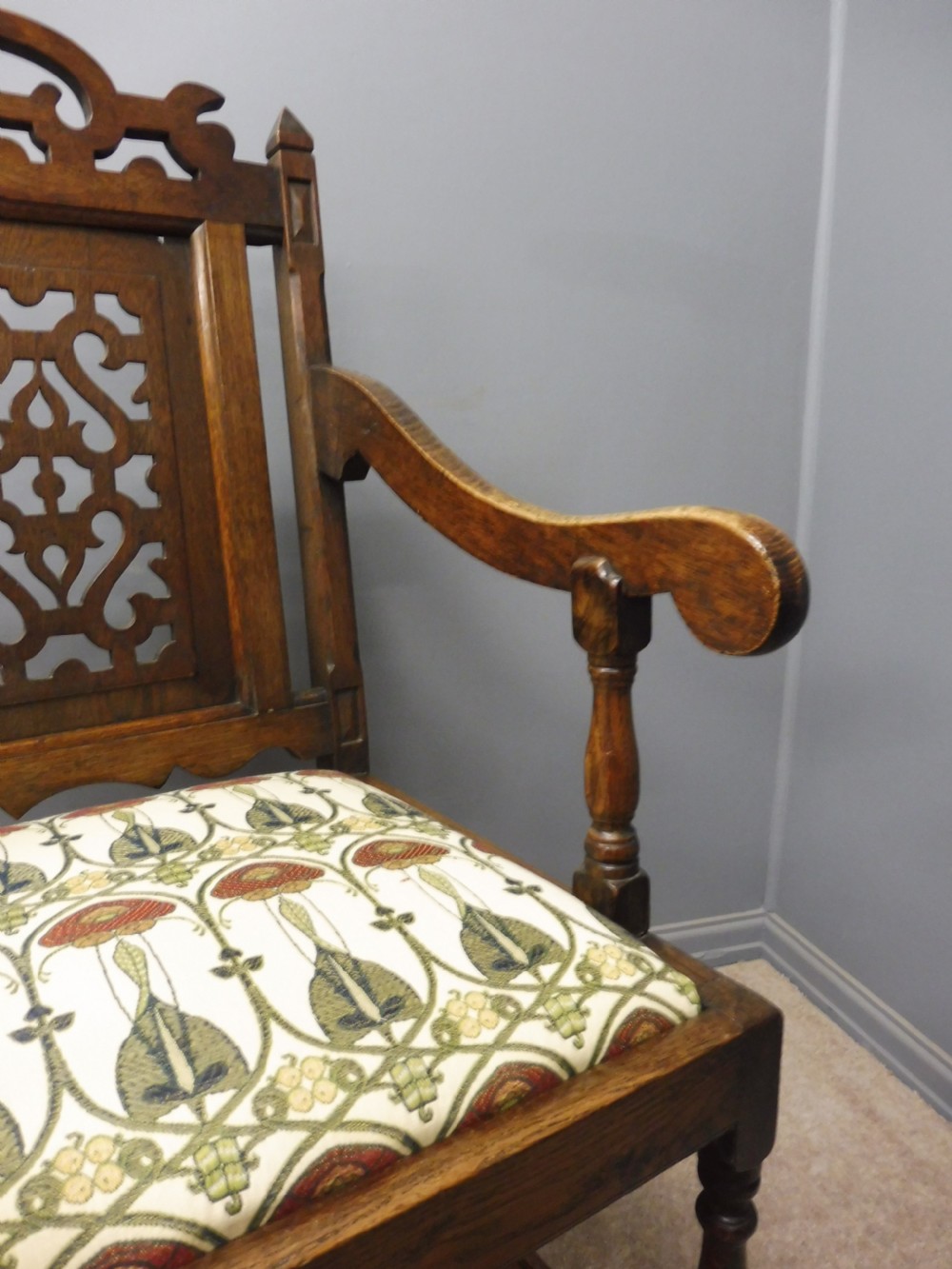 SUPERB PAIR OF OAK 19TH CENTURY GOTHIC INSPIRED ARTS AND CRAFTS ARMCHAIRS View XI