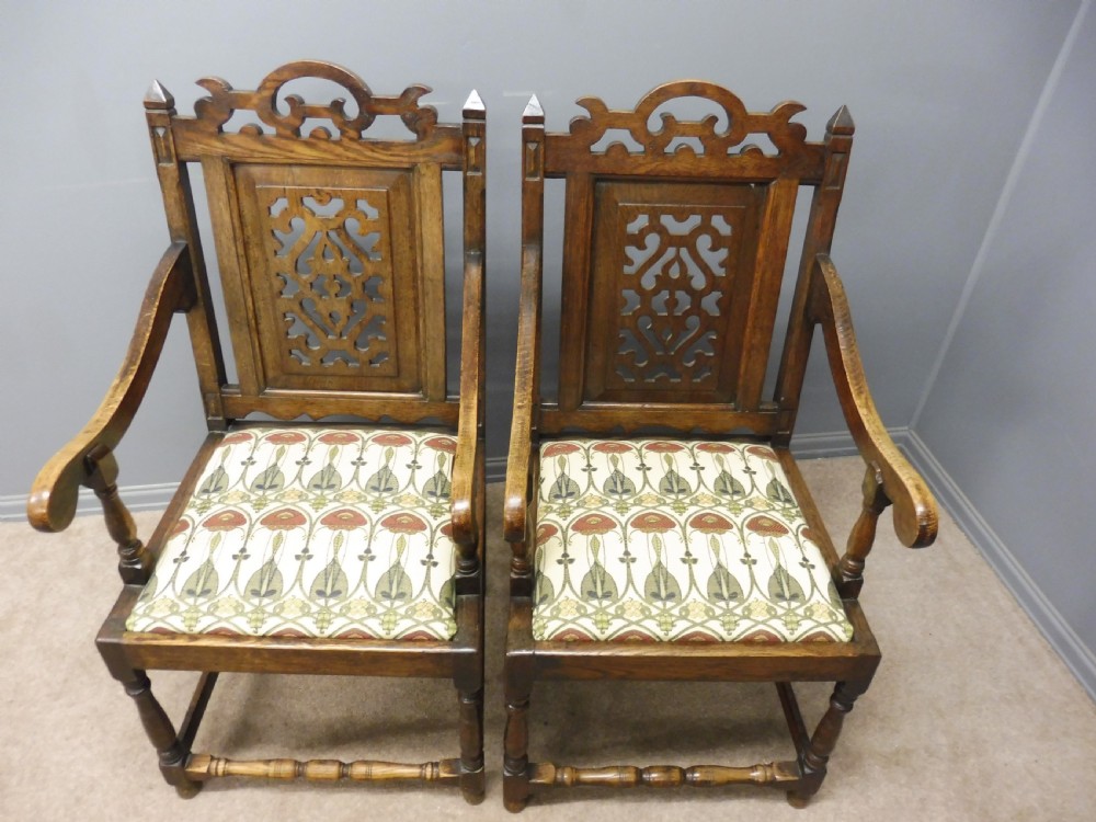 SUPERB PAIR OF OAK 19TH CENTURY GOTHIC INSPIRED ARTS AND CRAFTS ARMCHAIRS View XII