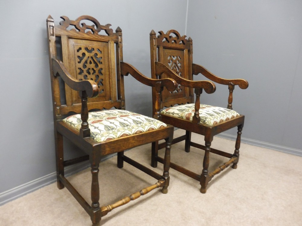 SUPERB PAIR OF OAK 19TH CENTURY GOTHIC INSPIRED ARTS AND CRAFTS ARMCHAIRS View XIII