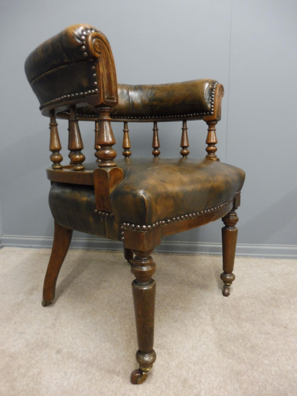 VICTORIAN OAK AND LEATHER DESK OR LIBRARY CHAIR View II