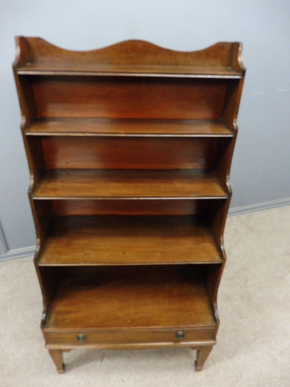 SMALL 19TH CENTURY MAHOGANY WATERFALL BOOKCASE View II
