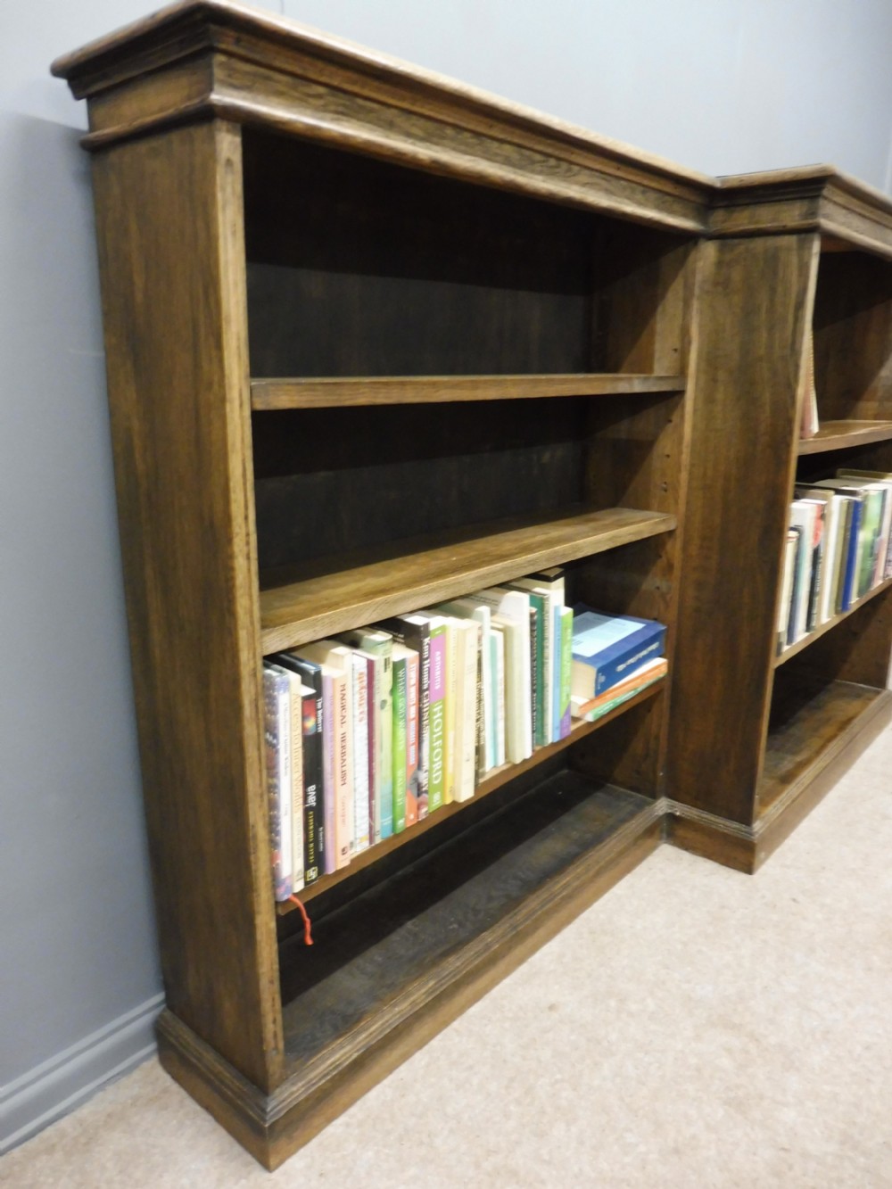 LONG EDWARDIAN OAK BREAKFRONT BOOKCASE View III