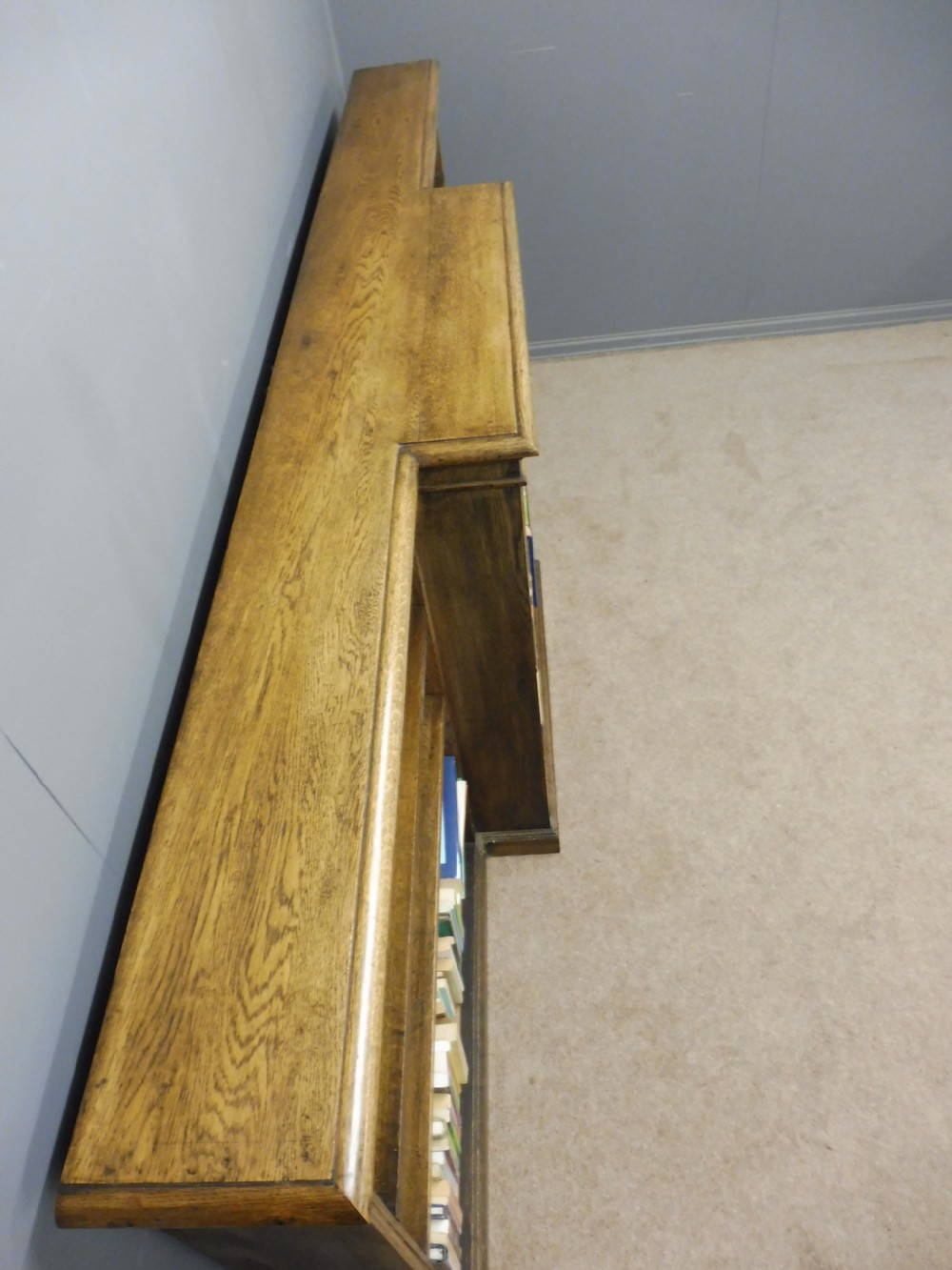 LONG EDWARDIAN OAK BREAKFRONT BOOKCASE View IV