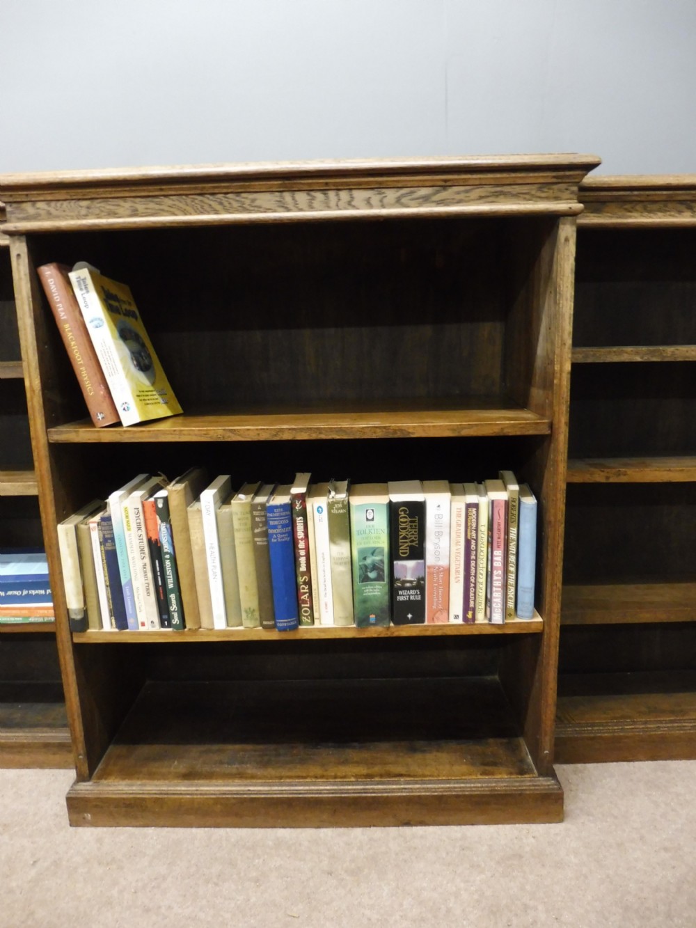 LONG EDWARDIAN OAK BREAKFRONT BOOKCASE View VII