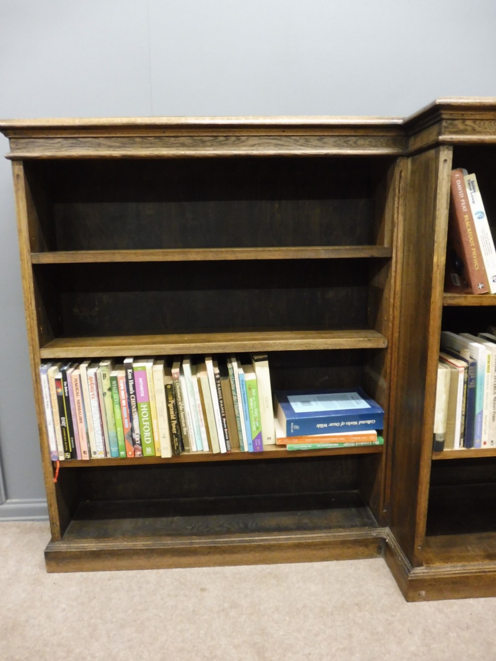 LONG EDWARDIAN OAK BREAKFRONT BOOKCASE View VIII