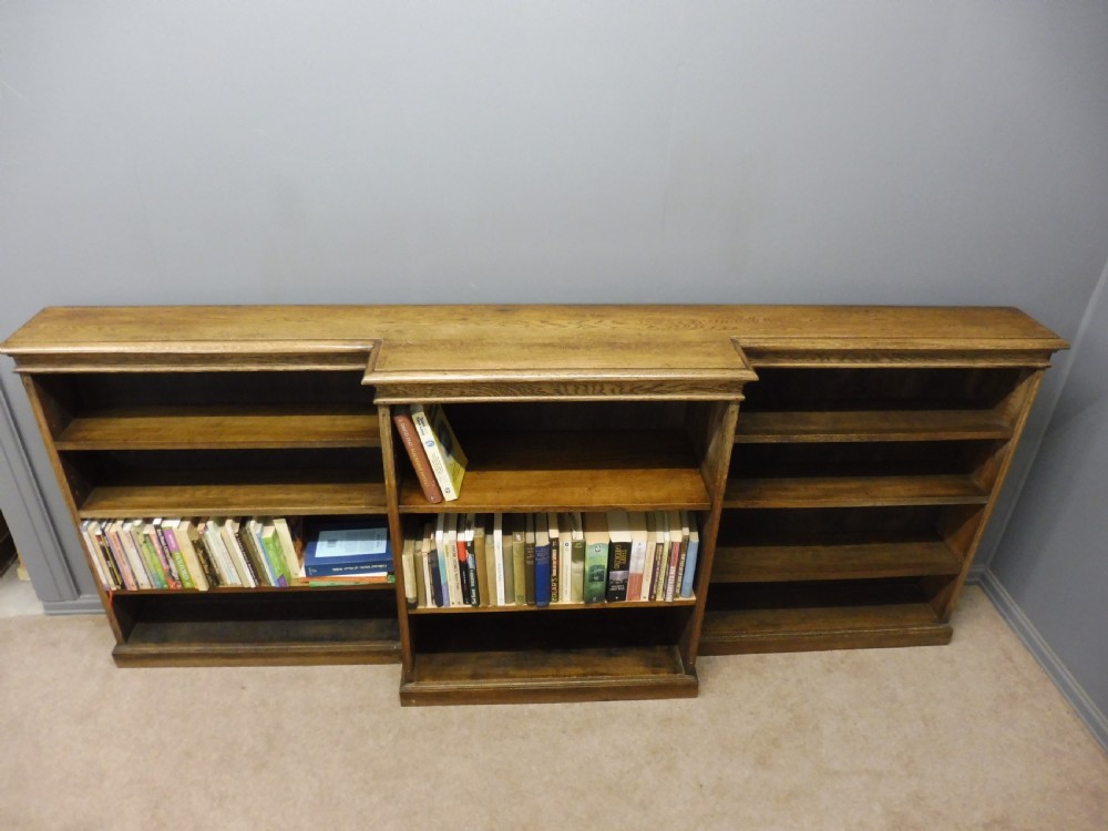 LONG EDWARDIAN OAK BREAKFRONT BOOKCASE View X