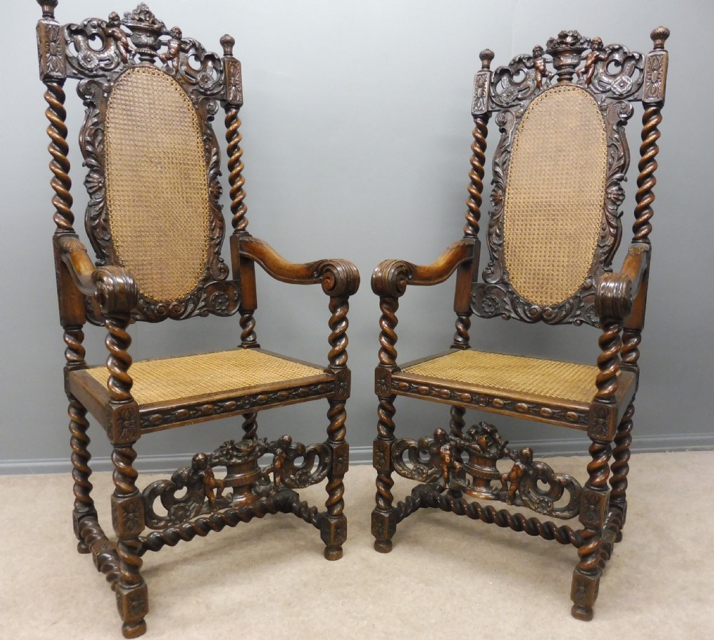 2 BEAUTIFULLY CARVED OAK 19TH CENTURY TOP QUALITY CAROLEAN ARMCHAIRS