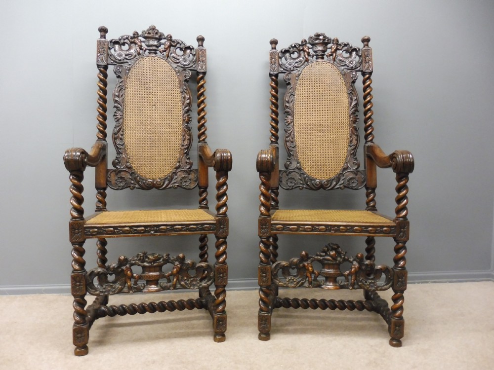 2 BEAUTIFULLY CARVED OAK 19TH CENTURY TOP QUALITY CAROLEAN ARMCHAIRS View II