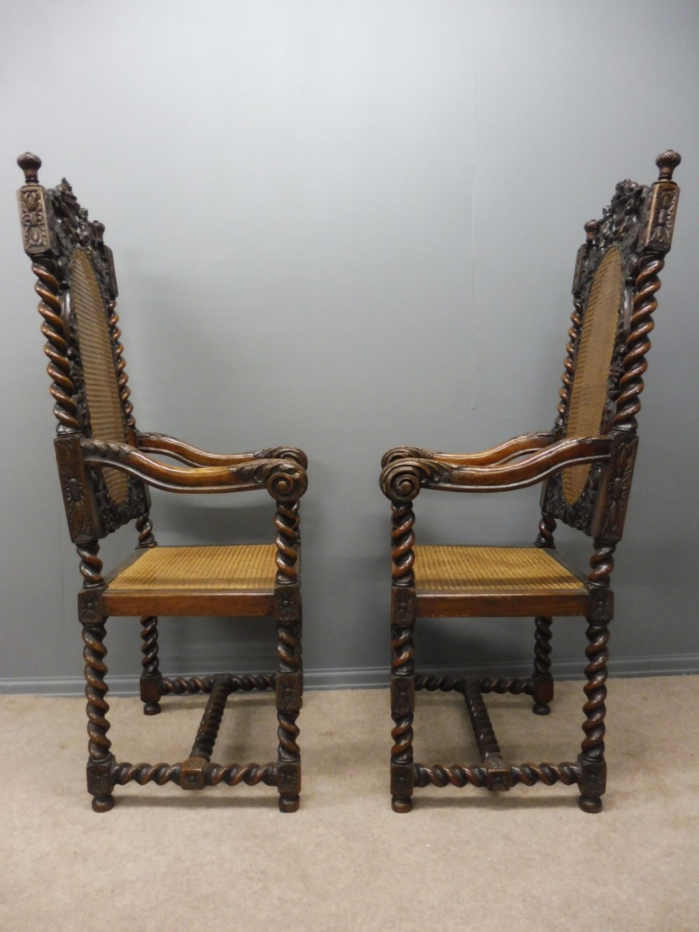 2 BEAUTIFULLY CARVED OAK 19TH CENTURY TOP QUALITY CAROLEAN ARMCHAIRS View III