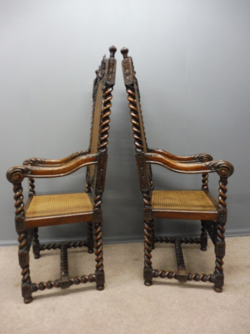 2 BEAUTIFULLY CARVED OAK 19TH CENTURY TOP QUALITY CAROLEAN ARMCHAIRS View IV