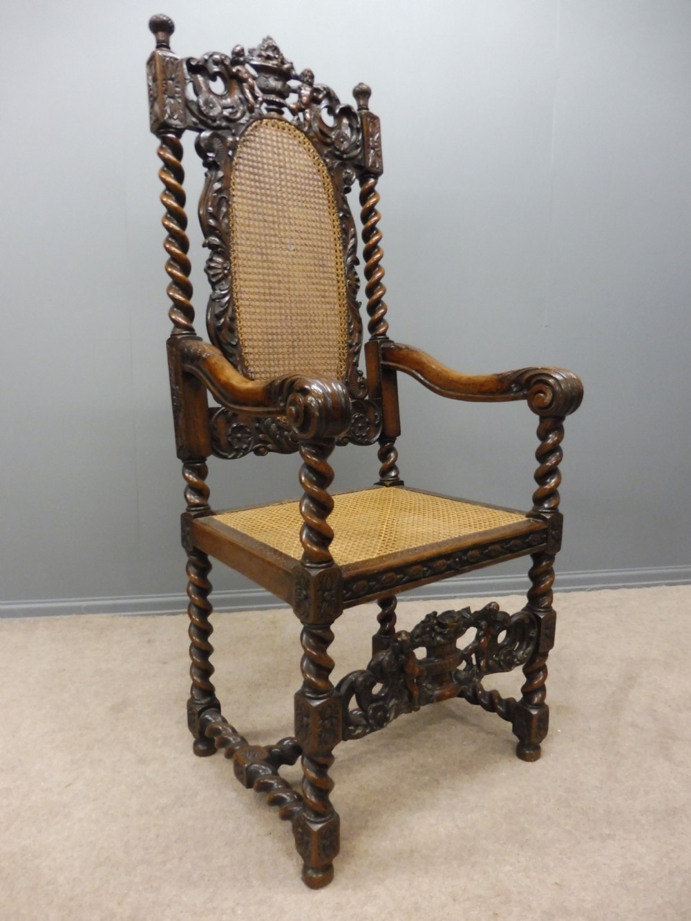 2 BEAUTIFULLY CARVED OAK 19TH CENTURY TOP QUALITY CAROLEAN ARMCHAIRS View V