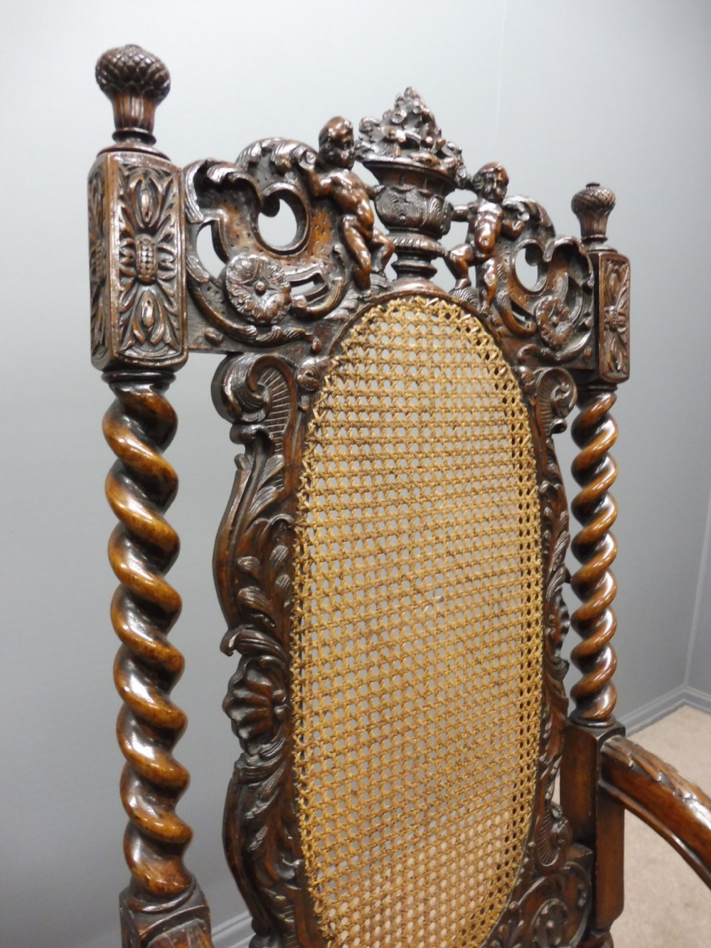 2 BEAUTIFULLY CARVED OAK 19TH CENTURY TOP QUALITY CAROLEAN ARMCHAIRS View VII