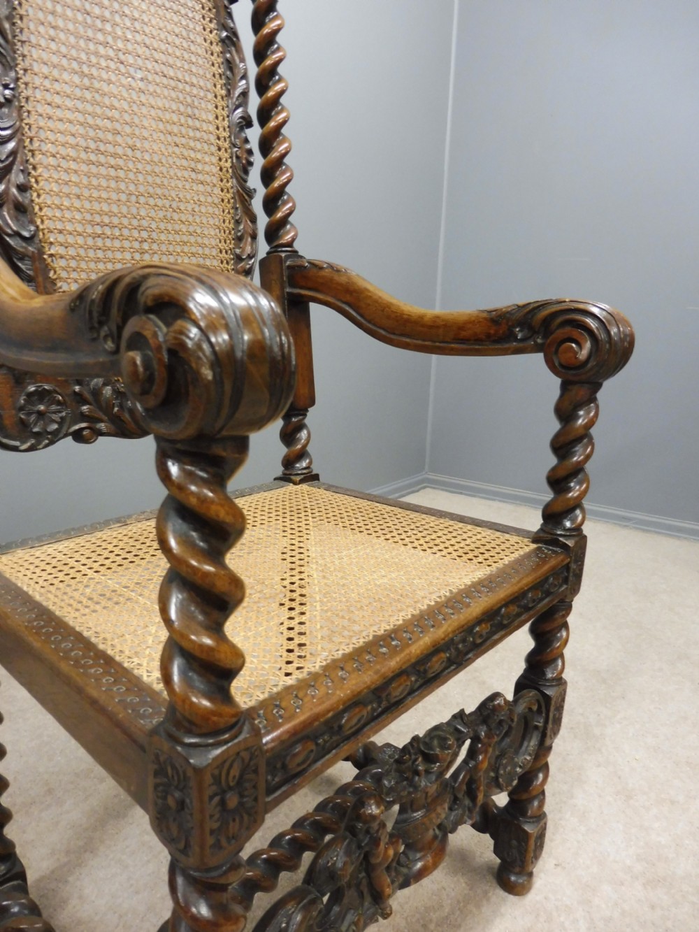 2 BEAUTIFULLY CARVED OAK 19TH CENTURY TOP QUALITY CAROLEAN ARMCHAIRS View IX