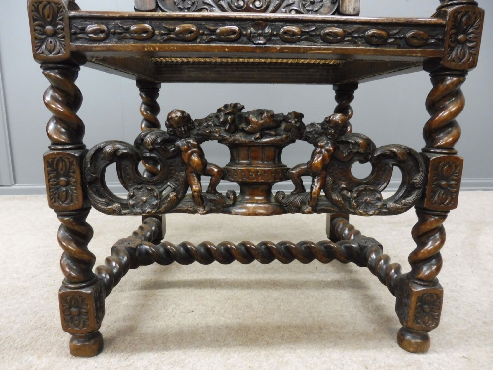 2 BEAUTIFULLY CARVED OAK 19TH CENTURY TOP QUALITY CAROLEAN ARMCHAIRS View X