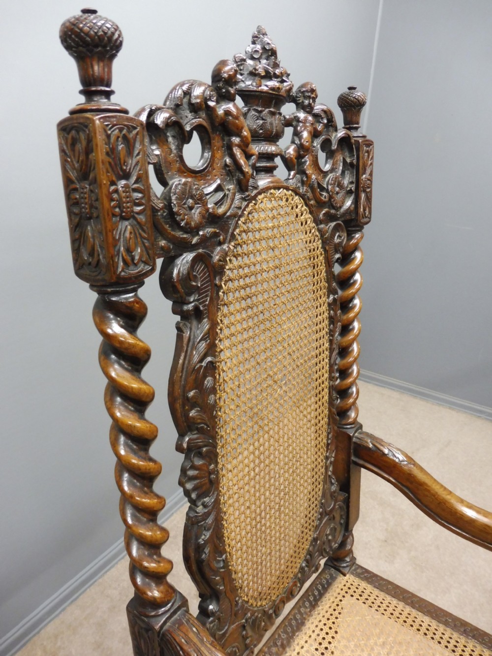 2 BEAUTIFULLY CARVED OAK 19TH CENTURY TOP QUALITY CAROLEAN ARMCHAIRS View XII