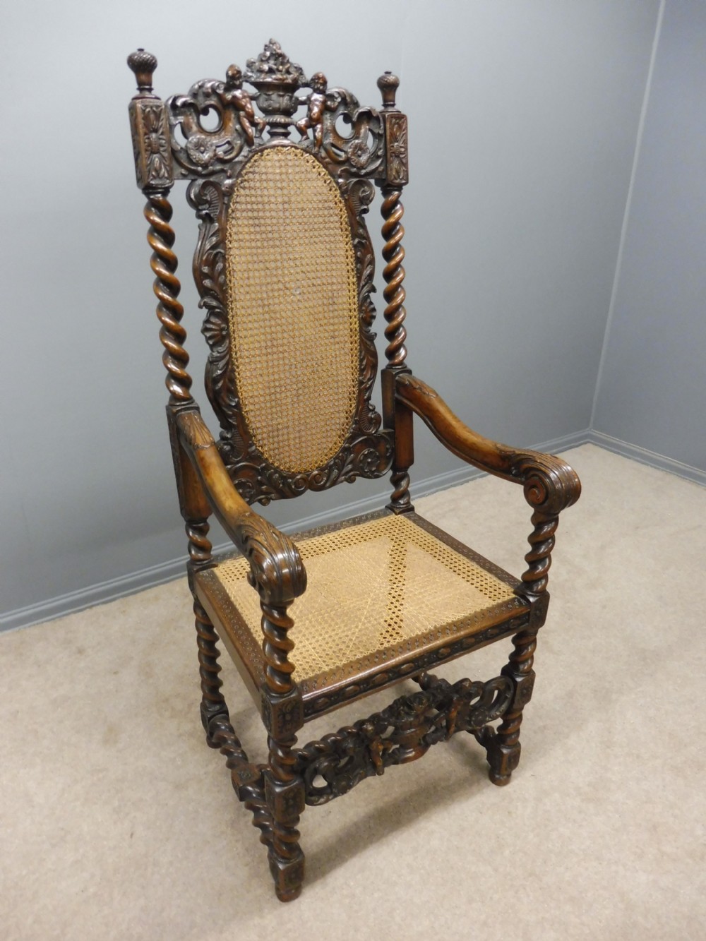 2 BEAUTIFULLY CARVED OAK 19TH CENTURY TOP QUALITY CAROLEAN ARMCHAIRS View XV
