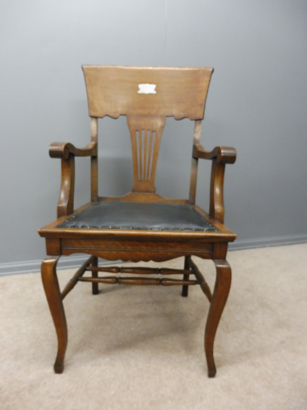 EDWARDIAN OAK DESK CHAIR WITH SILVER PLAQUE View II