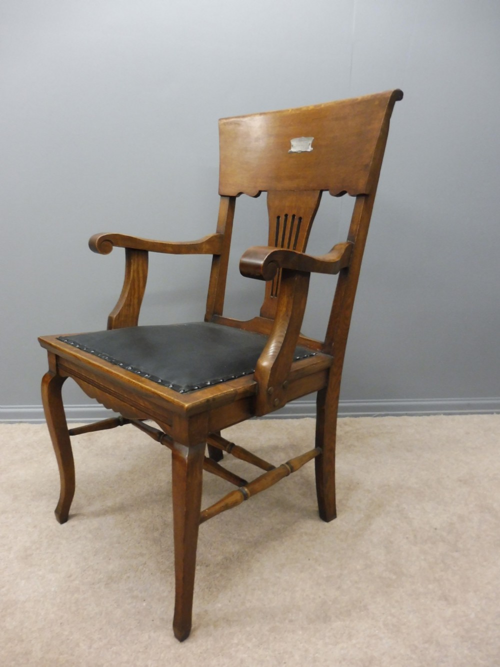 EDWARDIAN OAK DESK CHAIR WITH SILVER PLAQUE View IV