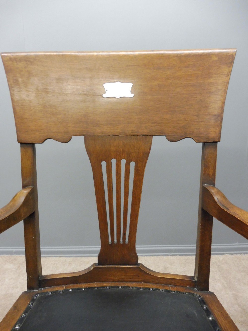 EDWARDIAN OAK DESK CHAIR WITH SILVER PLAQUE View IX