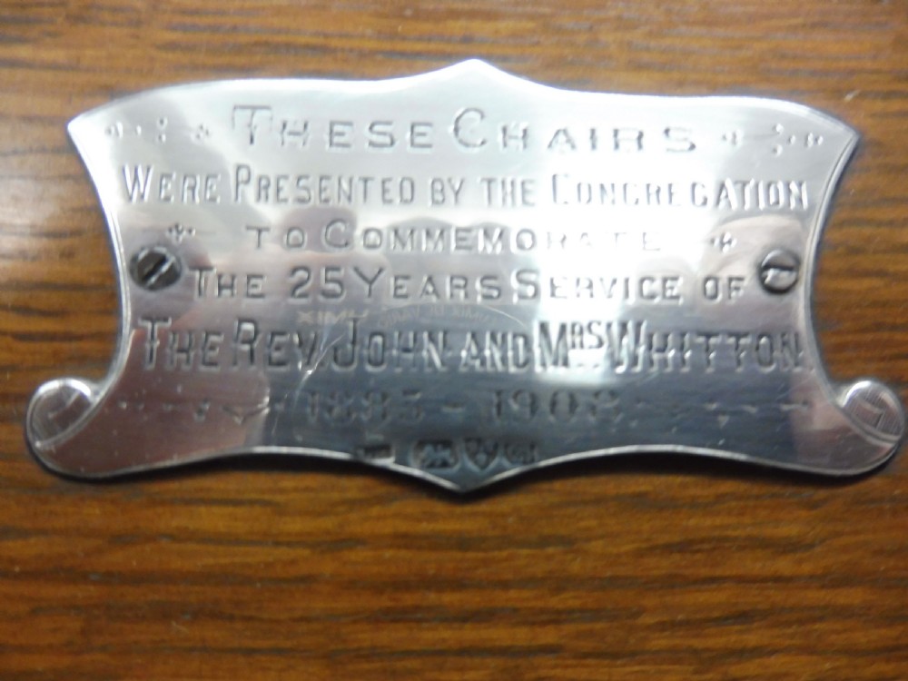 EDWARDIAN OAK DESK CHAIR WITH SILVER PLAQUE View X