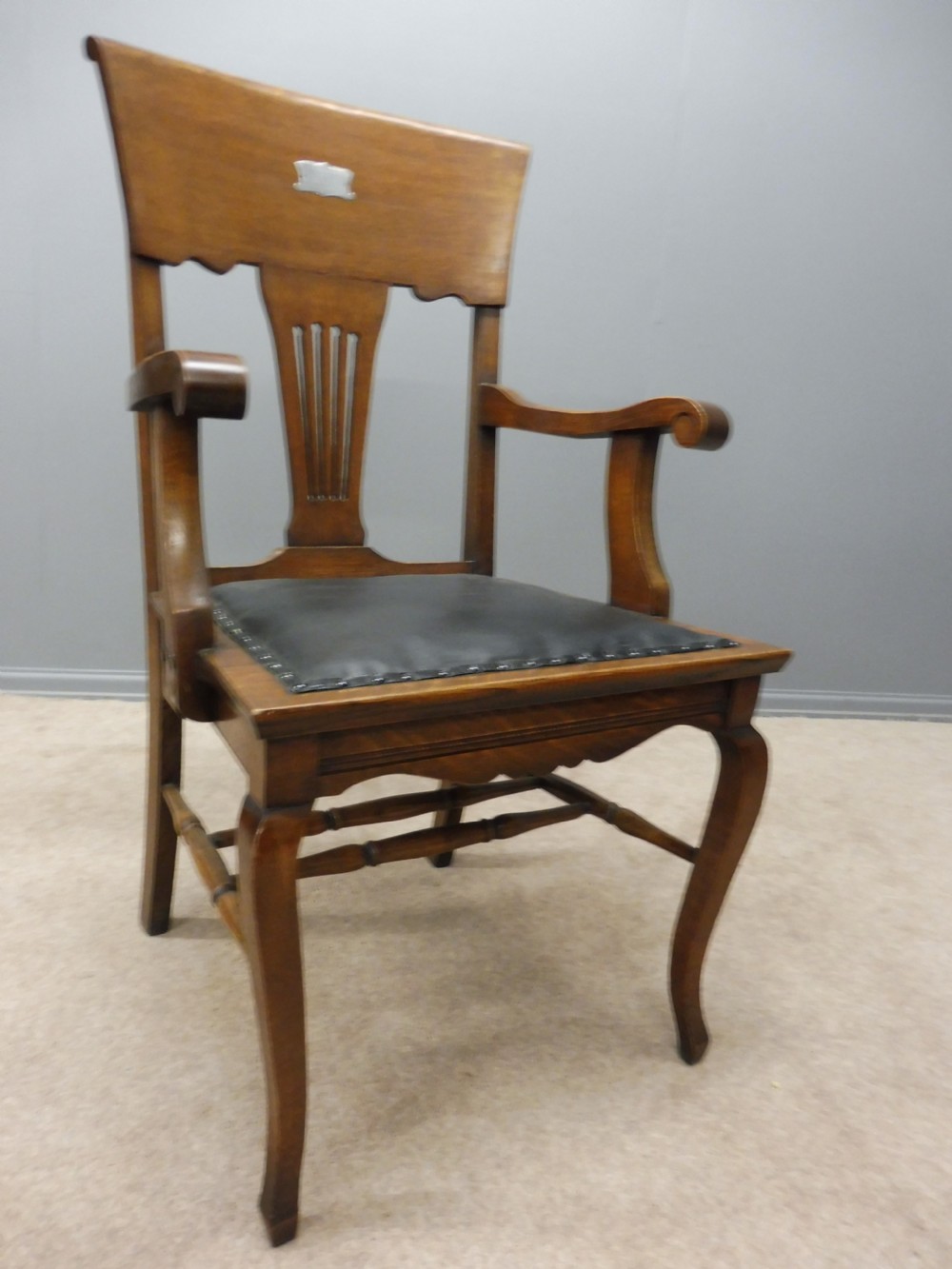 EDWARDIAN OAK DESK CHAIR WITH SILVER PLAQUE View XIII