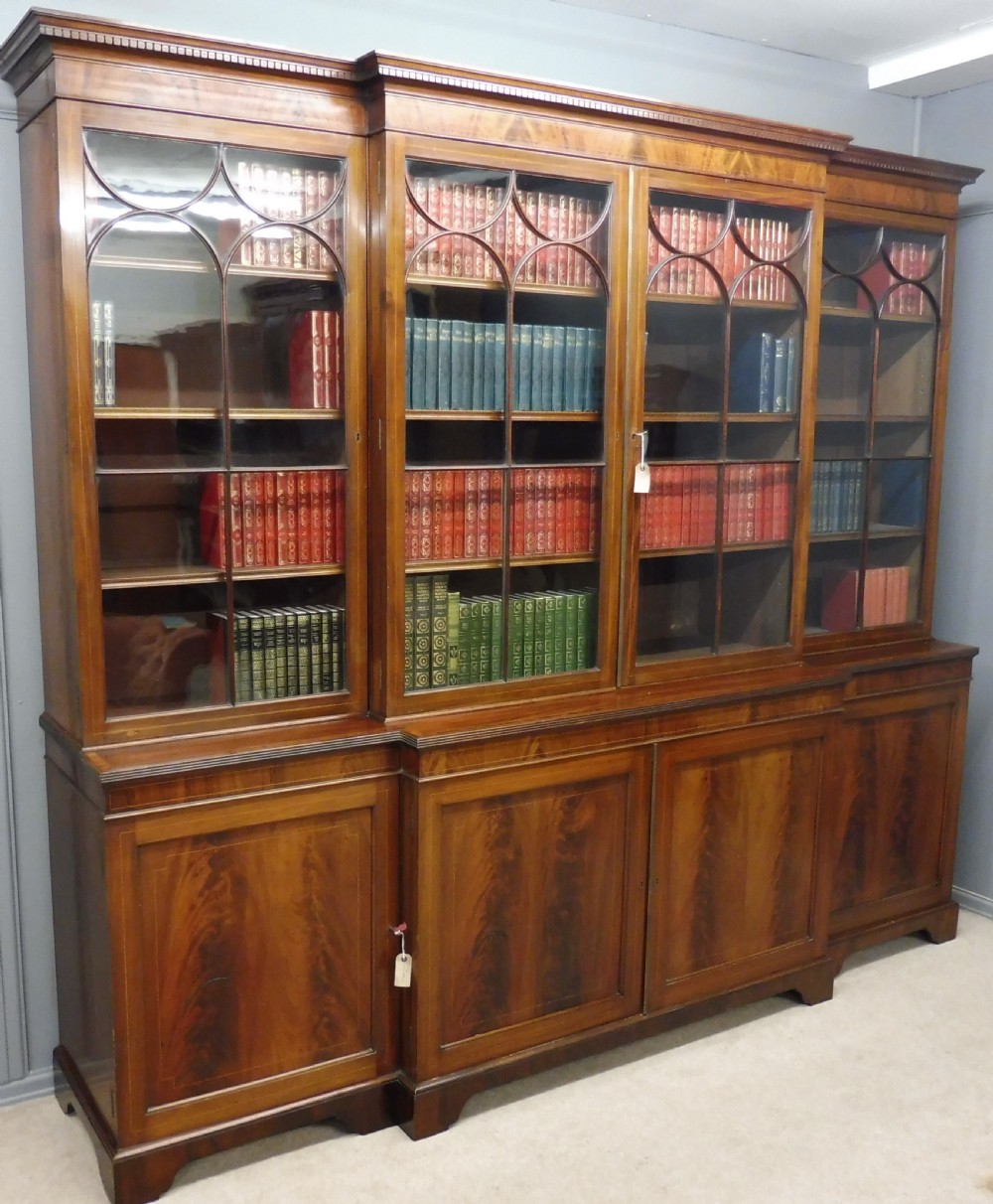 LARGE EDWARDIAN MAHOGANY INLAID BREAKFRONT LIBRARY BOOKCASE