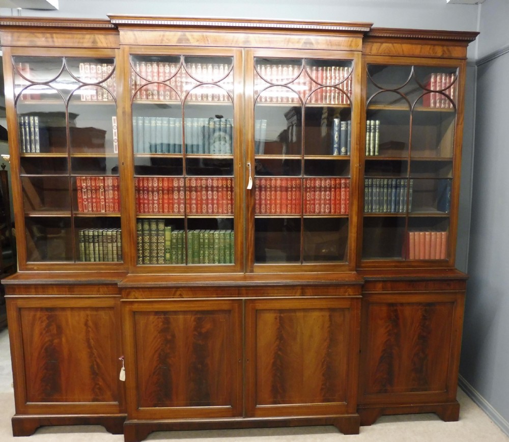 LARGE EDWARDIAN MAHOGANY INLAID BREAKFRONT LIBRARY BOOKCASE View II