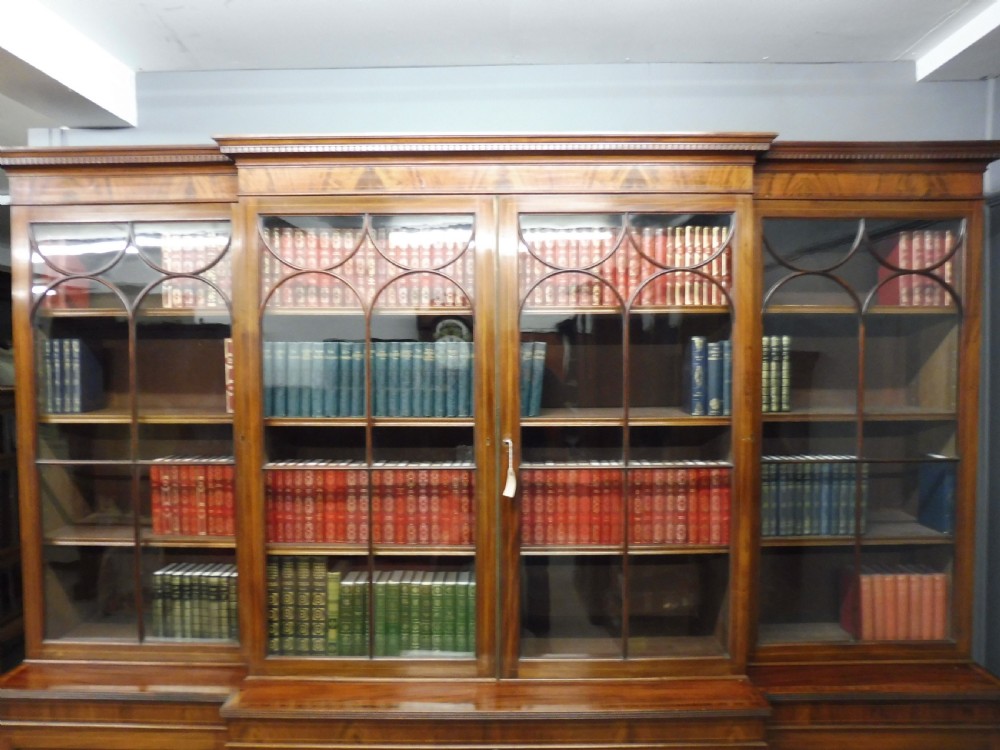 LARGE EDWARDIAN MAHOGANY INLAID BREAKFRONT LIBRARY BOOKCASE View III
