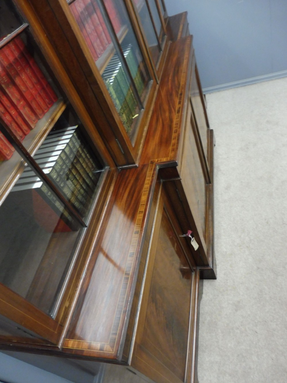 LARGE EDWARDIAN MAHOGANY INLAID BREAKFRONT LIBRARY BOOKCASE View VIII