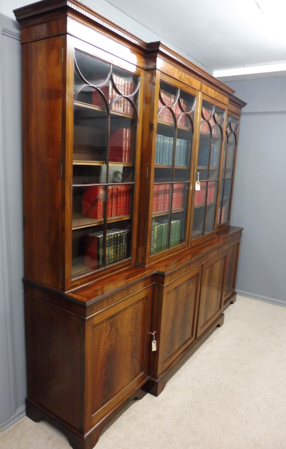 LARGE EDWARDIAN MAHOGANY INLAID BREAKFRONT LIBRARY BOOKCASE View IX