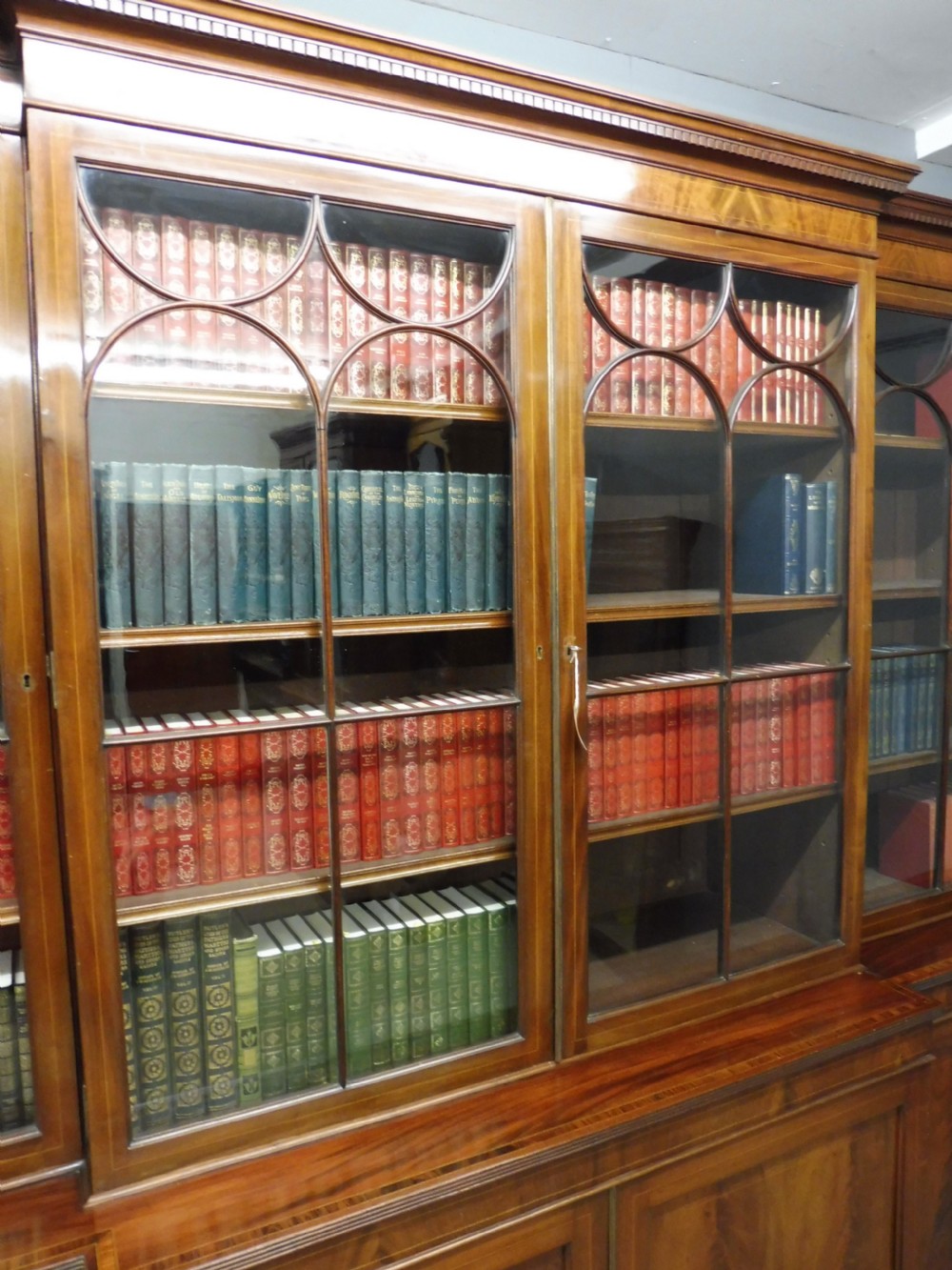 LARGE EDWARDIAN MAHOGANY INLAID BREAKFRONT LIBRARY BOOKCASE View XIII