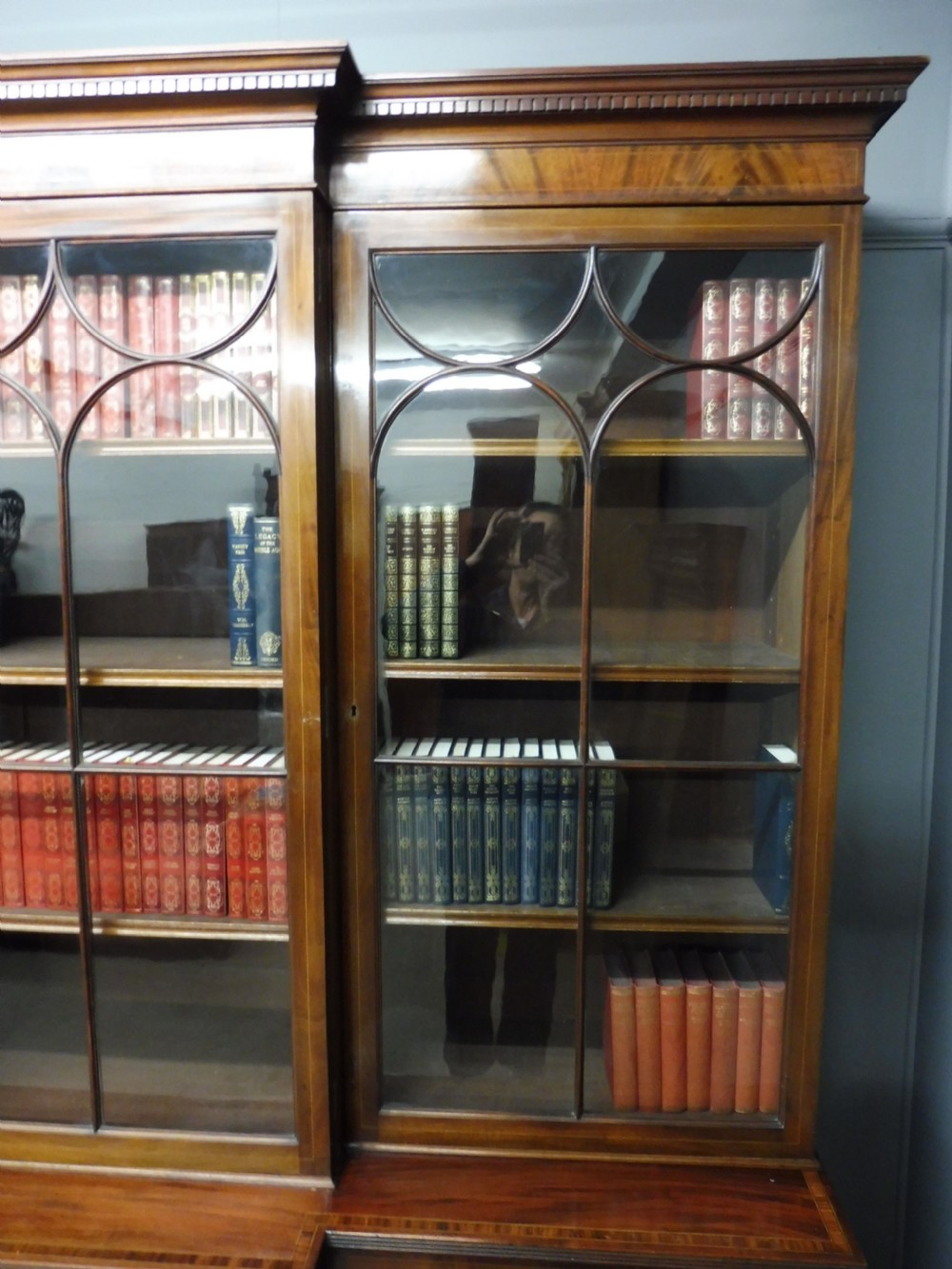 LARGE EDWARDIAN MAHOGANY INLAID BREAKFRONT LIBRARY BOOKCASE View XVI