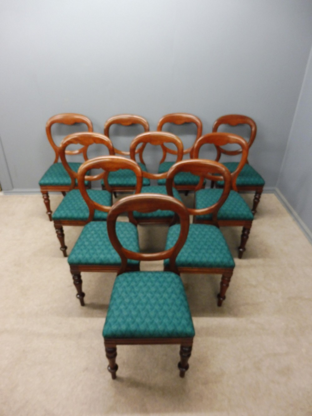SET OF TEN RESTORED VICTORIAN MAHOGANY BALLOON BACK DINING CHAIRS View III