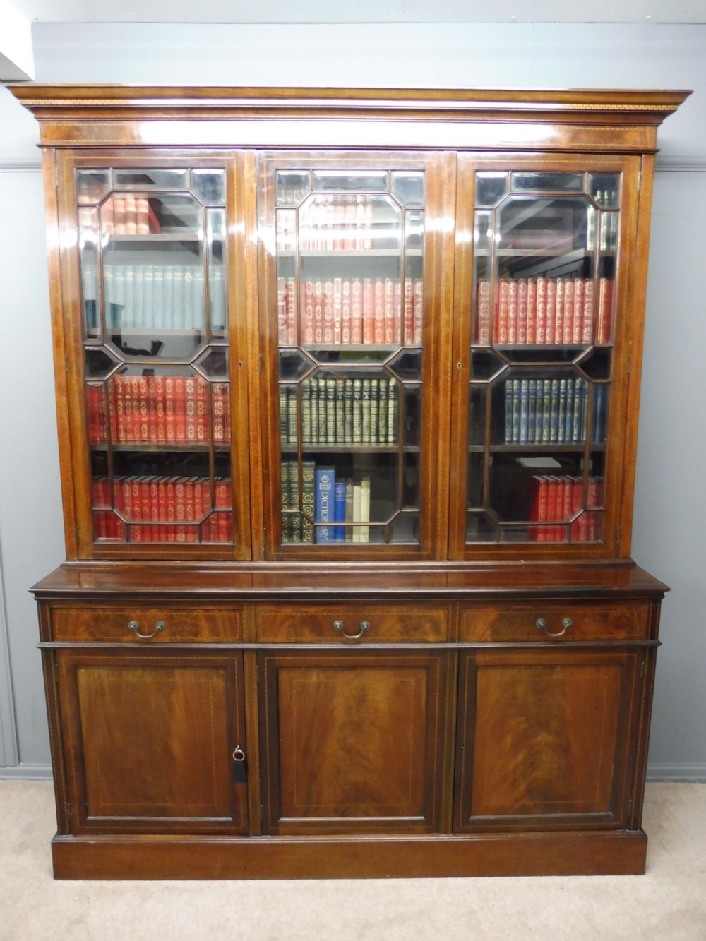 LARGE EDWARDIAN INLAID MAHOGANY LIBRARY BOOKCASE  View II