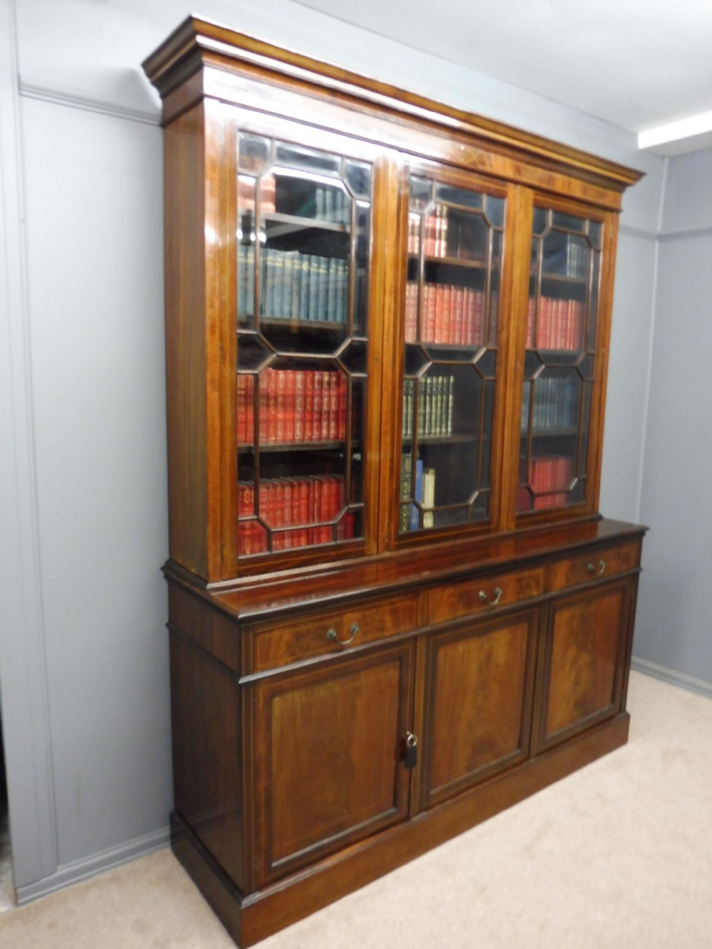 LARGE EDWARDIAN INLAID MAHOGANY LIBRARY BOOKCASE  View IX