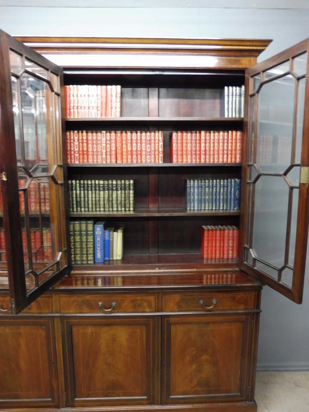 LARGE EDWARDIAN INLAID MAHOGANY LIBRARY BOOKCASE  View X