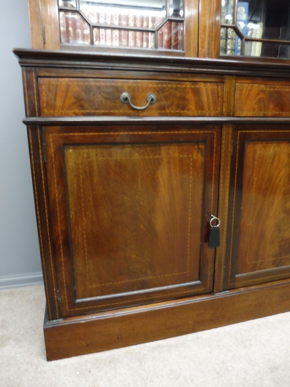 LARGE EDWARDIAN INLAID MAHOGANY LIBRARY BOOKCASE  View XIII