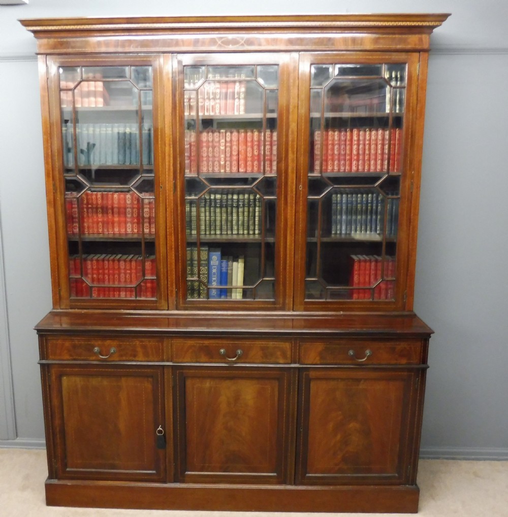 LARGE EDWARDIAN INLAID MAHOGANY LIBRARY BOOKCASE  View XV