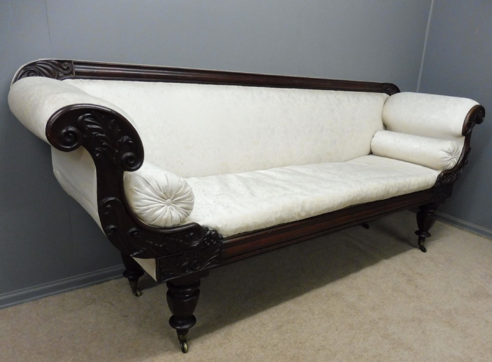 LARGE MID 19TH CENTURY MAHOGANY SHOW FRAME SCROLL END SOFA  View V