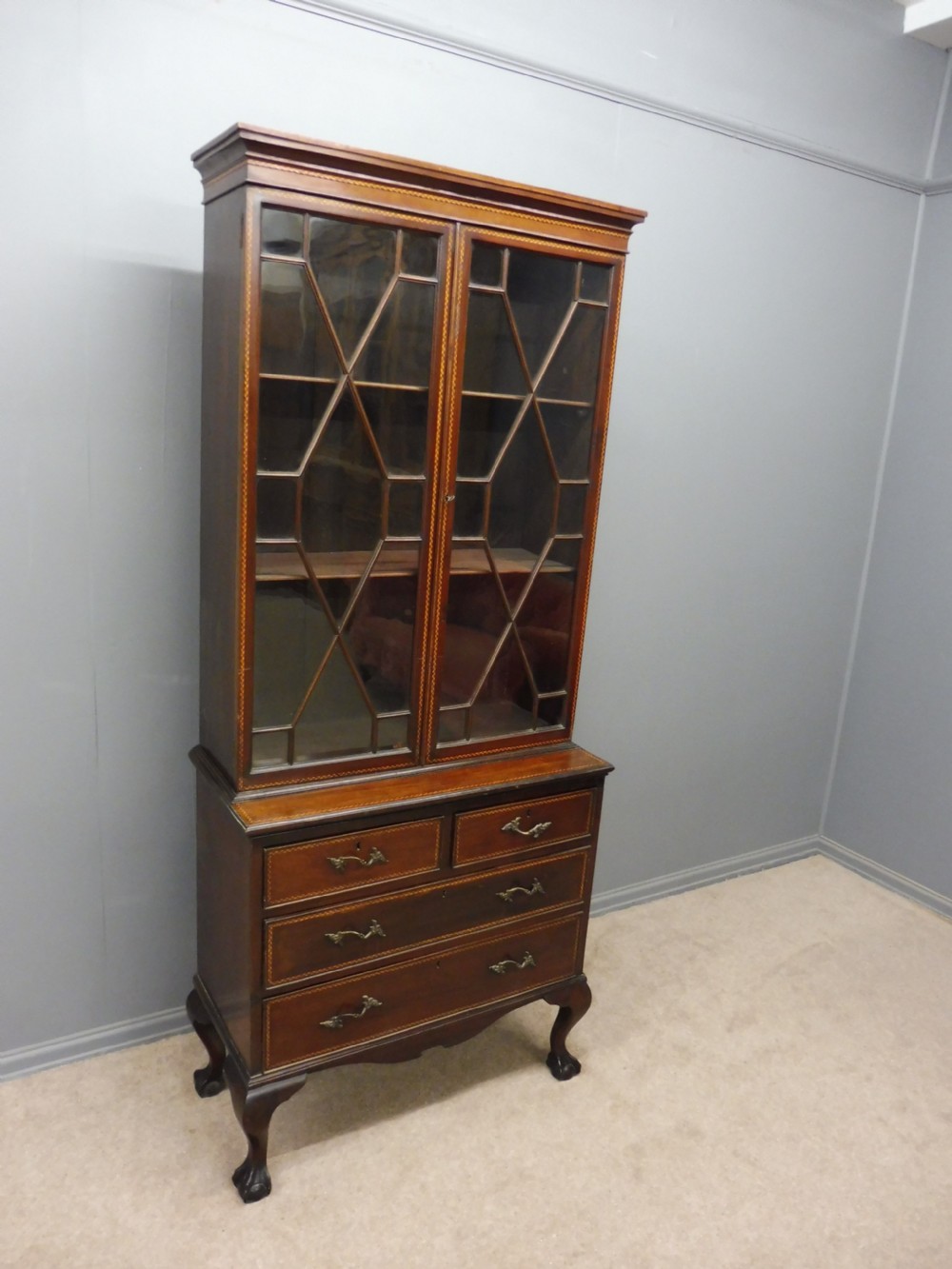 EDWARDIAN MAHOGANY INLAID BOOKCASE ON CHEST